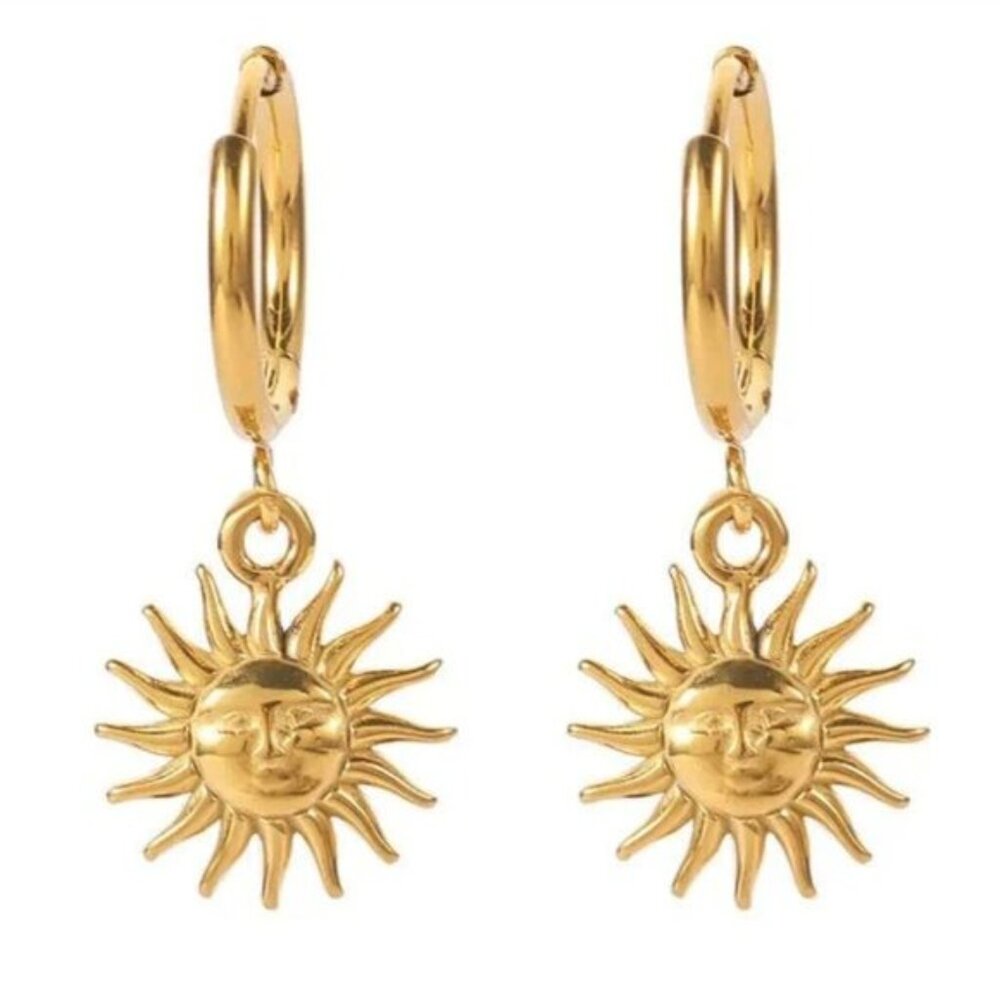 Sun Huggie Earrings 18K Gold Celestial Goddess Charm Sun Face Huggies WATERPROOF
